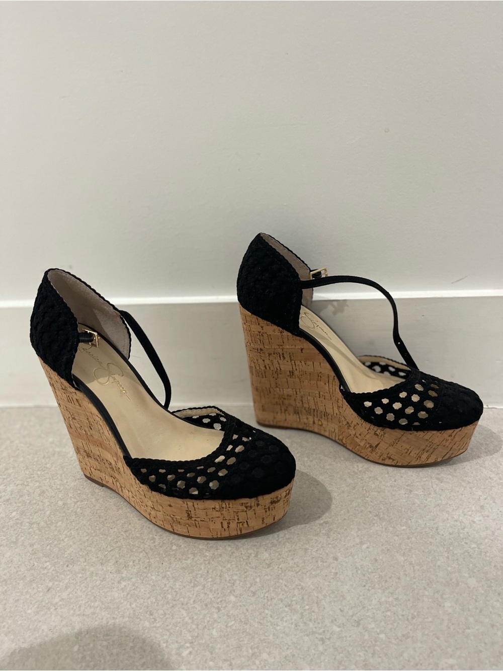 Jessica Simpson Black Crochet and Cork Wedges.